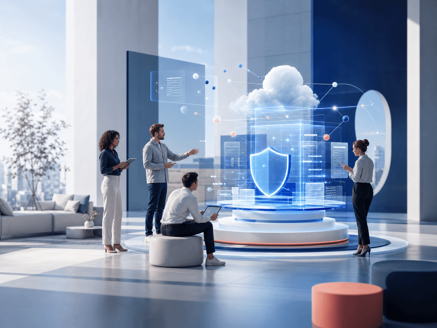 Technology specialists collaborating on a secure cloud platform
